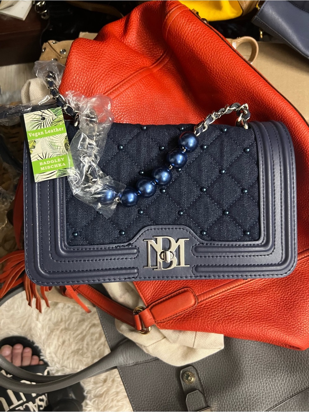 Badgley Mischka Quilted Navy Crossbody with Blue Metallic Beading